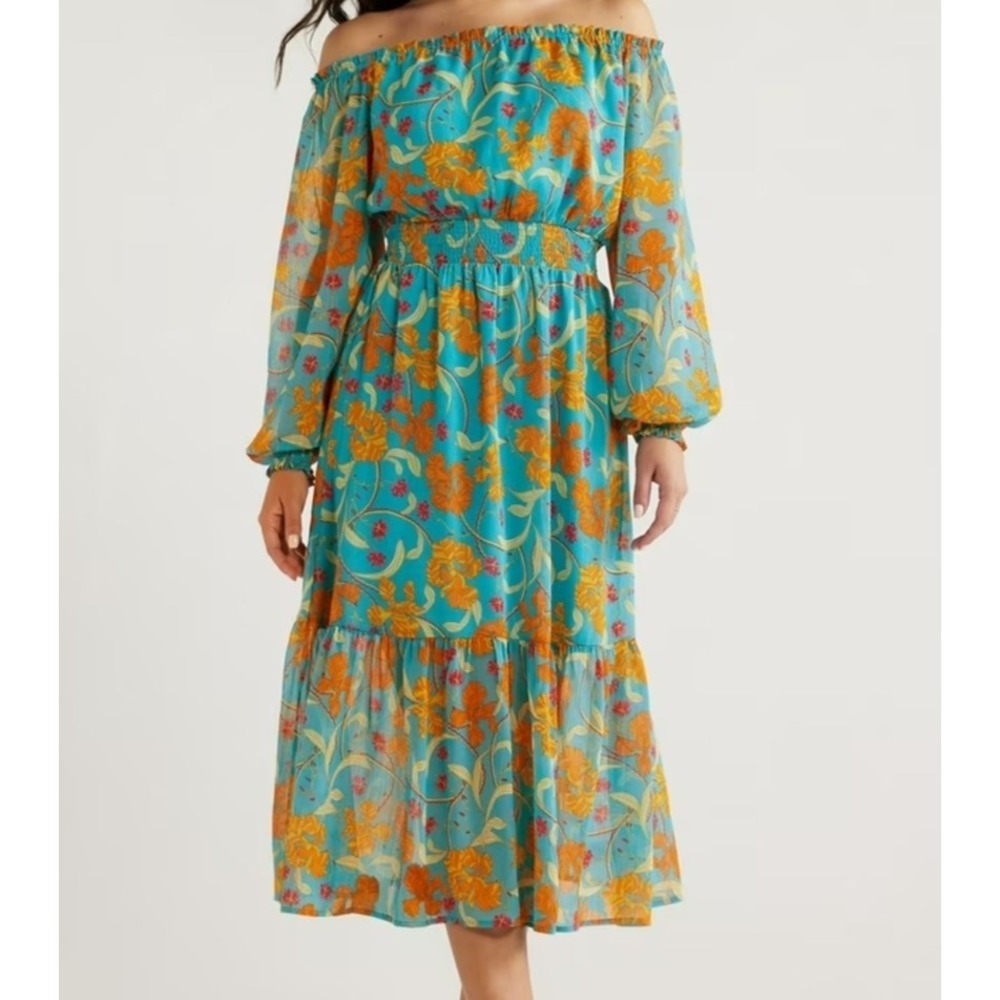 SOFIA VERGARA Turquoise Blue Flower Floral Boho Womens Long Dress Off Shoulder L